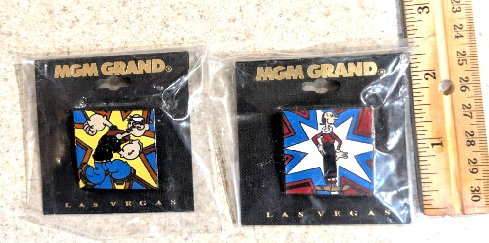 2 dif  POPEYE the Sailor Man OLIVE OYL Oil MGM GRAND Las Vegas Metal VTG Brooch