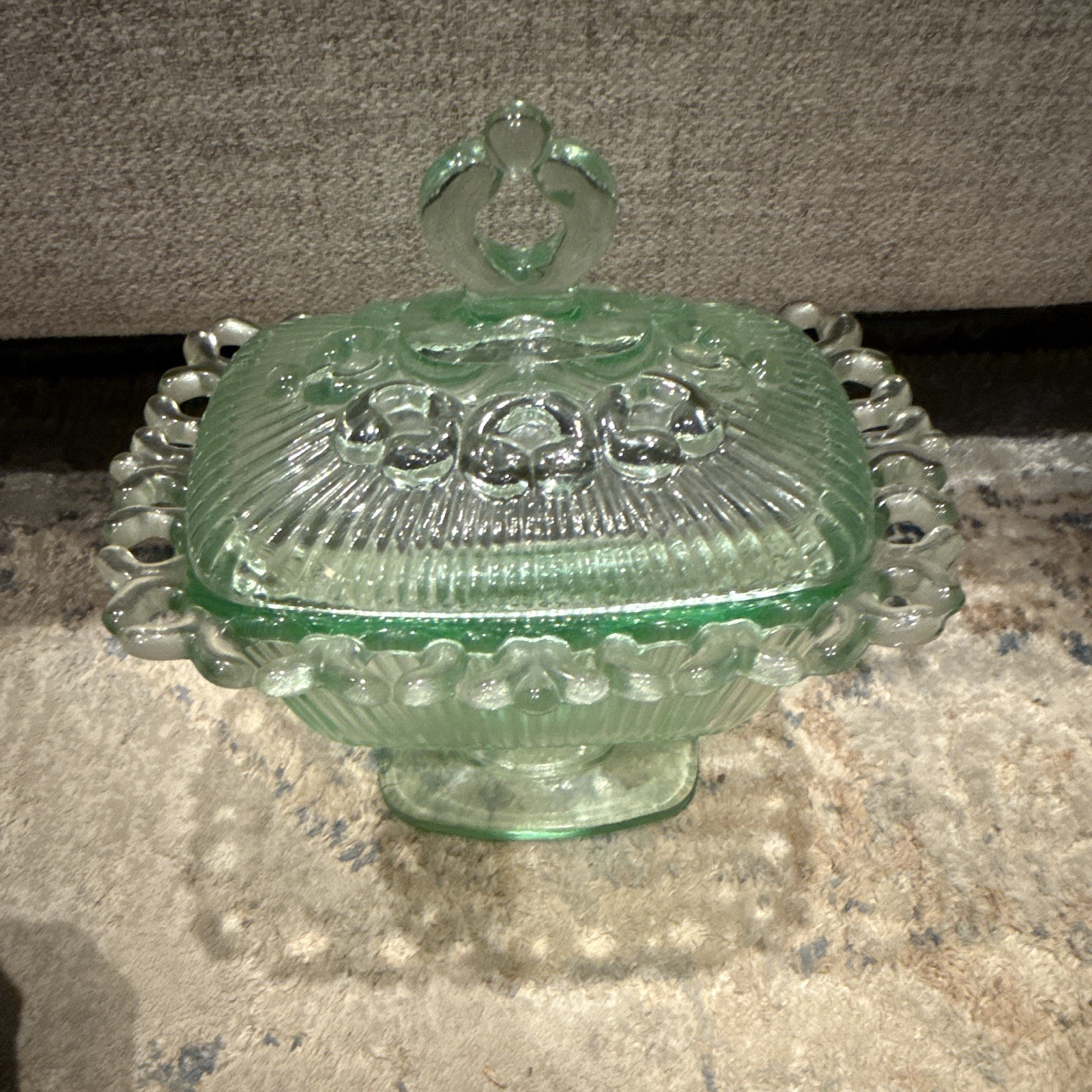 Vintage Indiana Glass Old Colony Green Open Lace Covered Pedestal Candy Dish