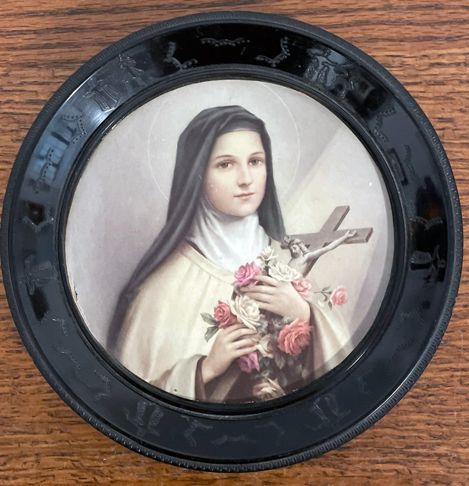 : Vintage St Therese Little Flower Religious Portrait Crucifix Roses Black Frame
