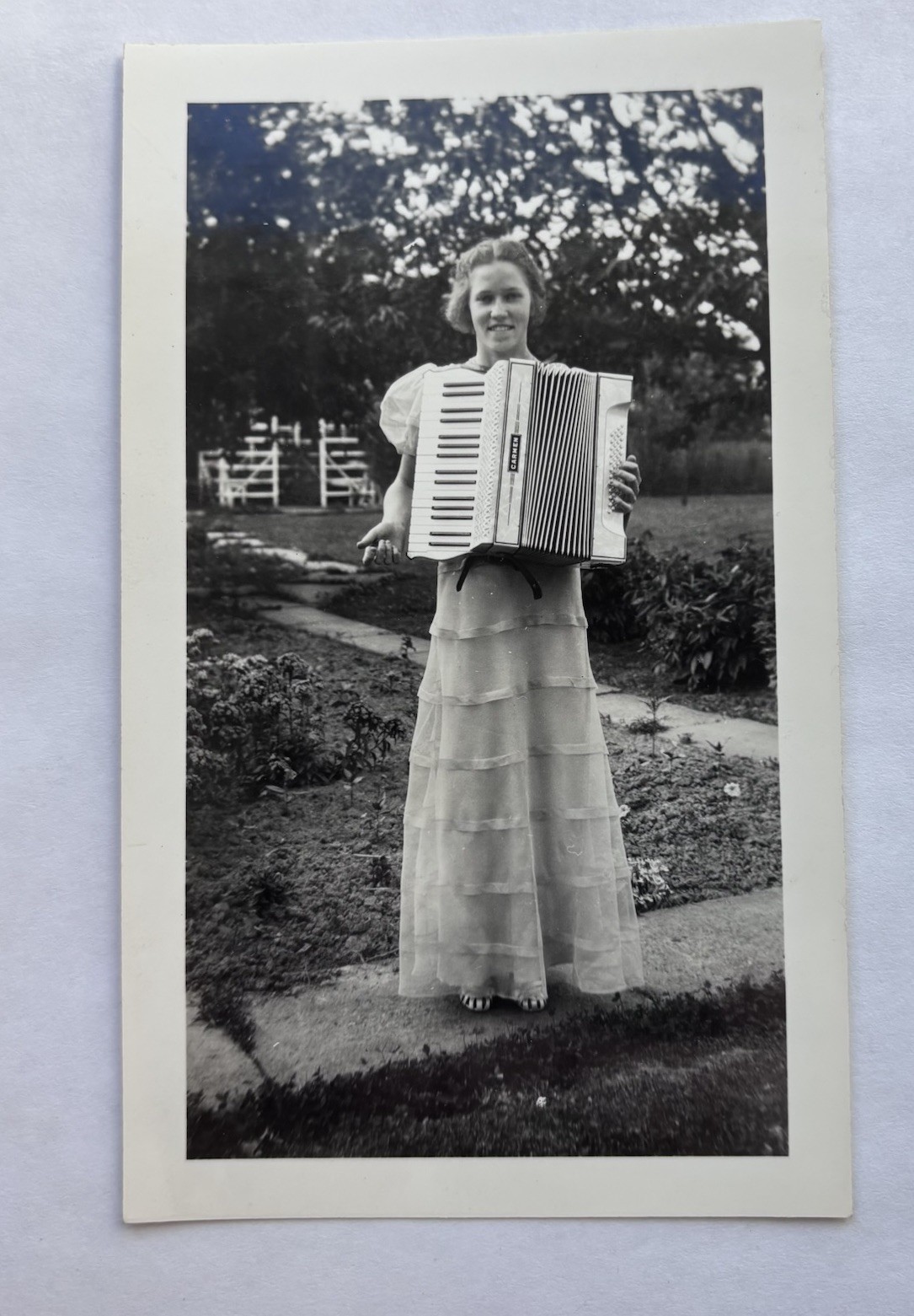 Vintage B&W Photo Pretty Girl Long Dress Playing Accordion Musical Instrument