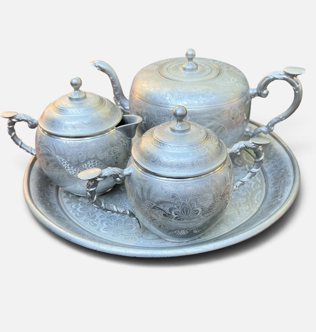 Antique Chinese Pewter Tea Set Kut Hing Swatow Tray Dragon Qing c1900 Complete
