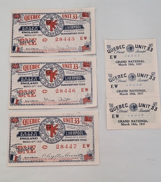 1937 Set Of 3 Army & Navy Veterans Canada Quebec Unit 33 Raffle Ticket & Receipt
