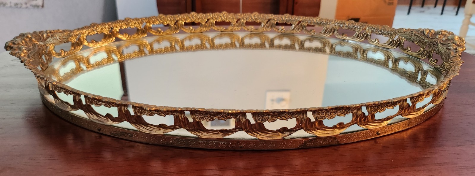 Vintage Oval Mirrored Vanity Tray Ornate Floral Filigree Gold Tone 15