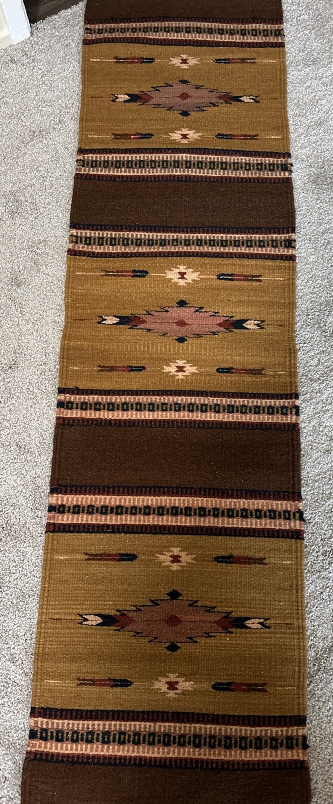 Vintage Handwoven Wool Southwestern Runner Rug 16x60 Geometric Flat Weave