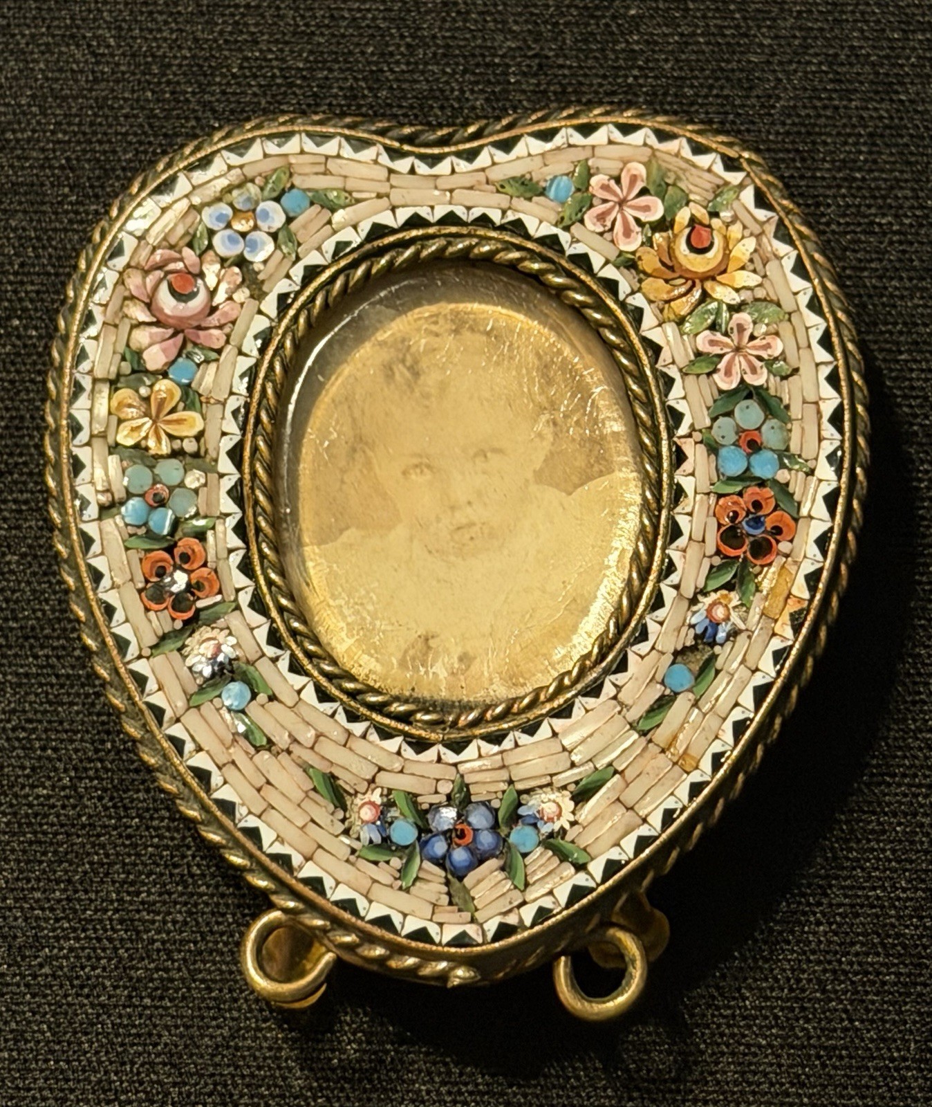Vintage Italian Micro Mosaic Heart Miniature Picture Frame Floral Antique