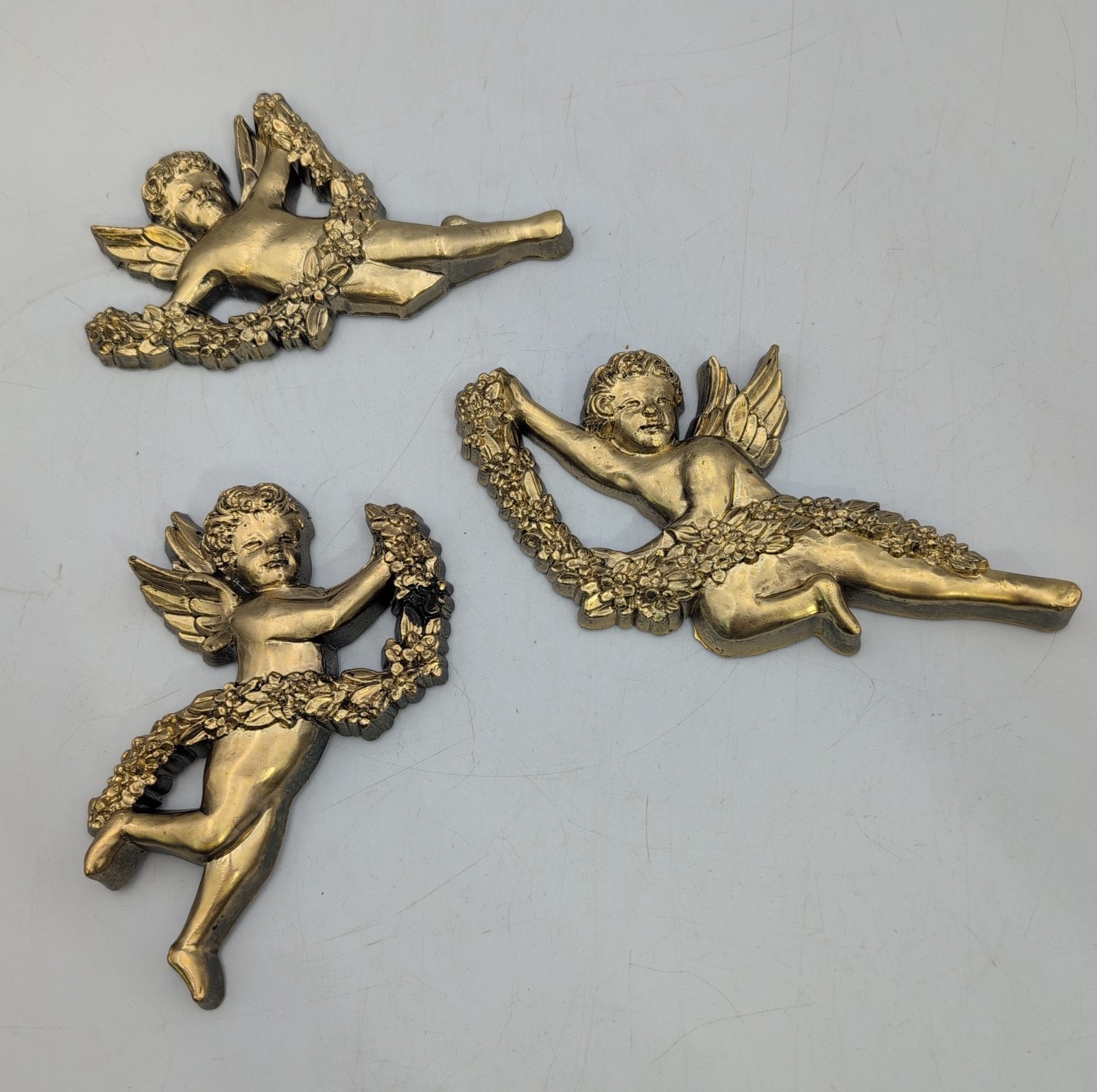 Set of 3 Vintage Syroco Gold Cherub Angel Hollywood Wall Hangings #3081 Made USA