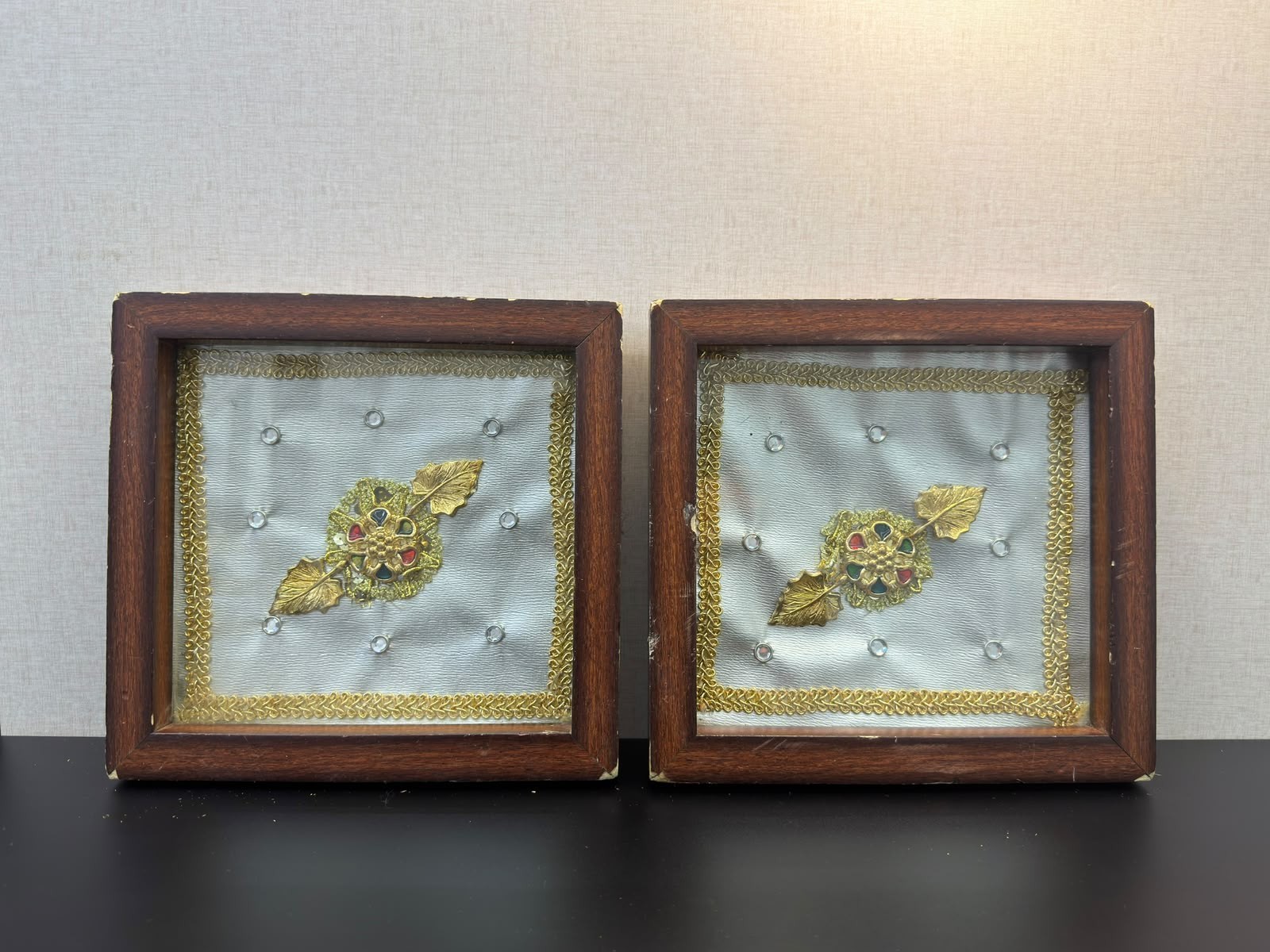 Pair Vintage Gold Jeweled Flower Tabletop Frames Office Desk Decor