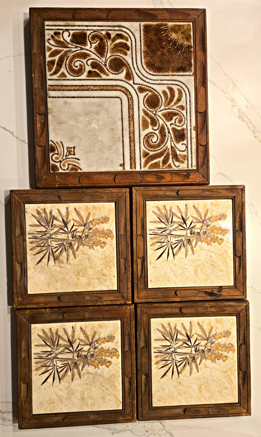 Vintage Italian Ceramic Tile Trivets Set of 6 Wood Frames Botanical MCM Italy