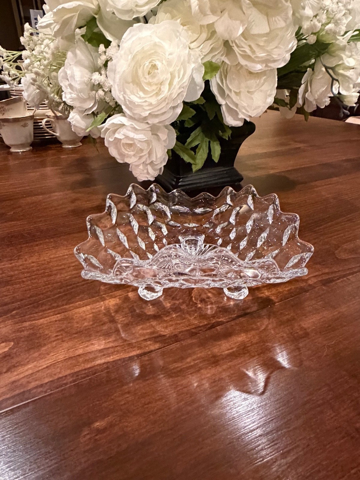 Fostoria American 3 Footed Folded Dish | Vintage Cubist Glass Tri Corner Bowl
