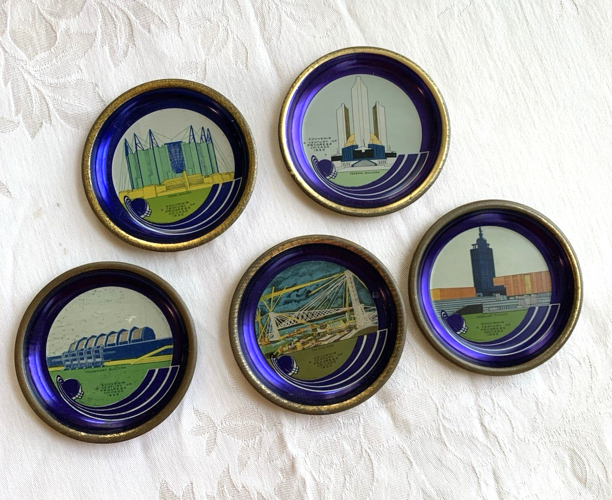 Vintage 1933 Chicago World's Fair metal Coasters-set of 5 Nice