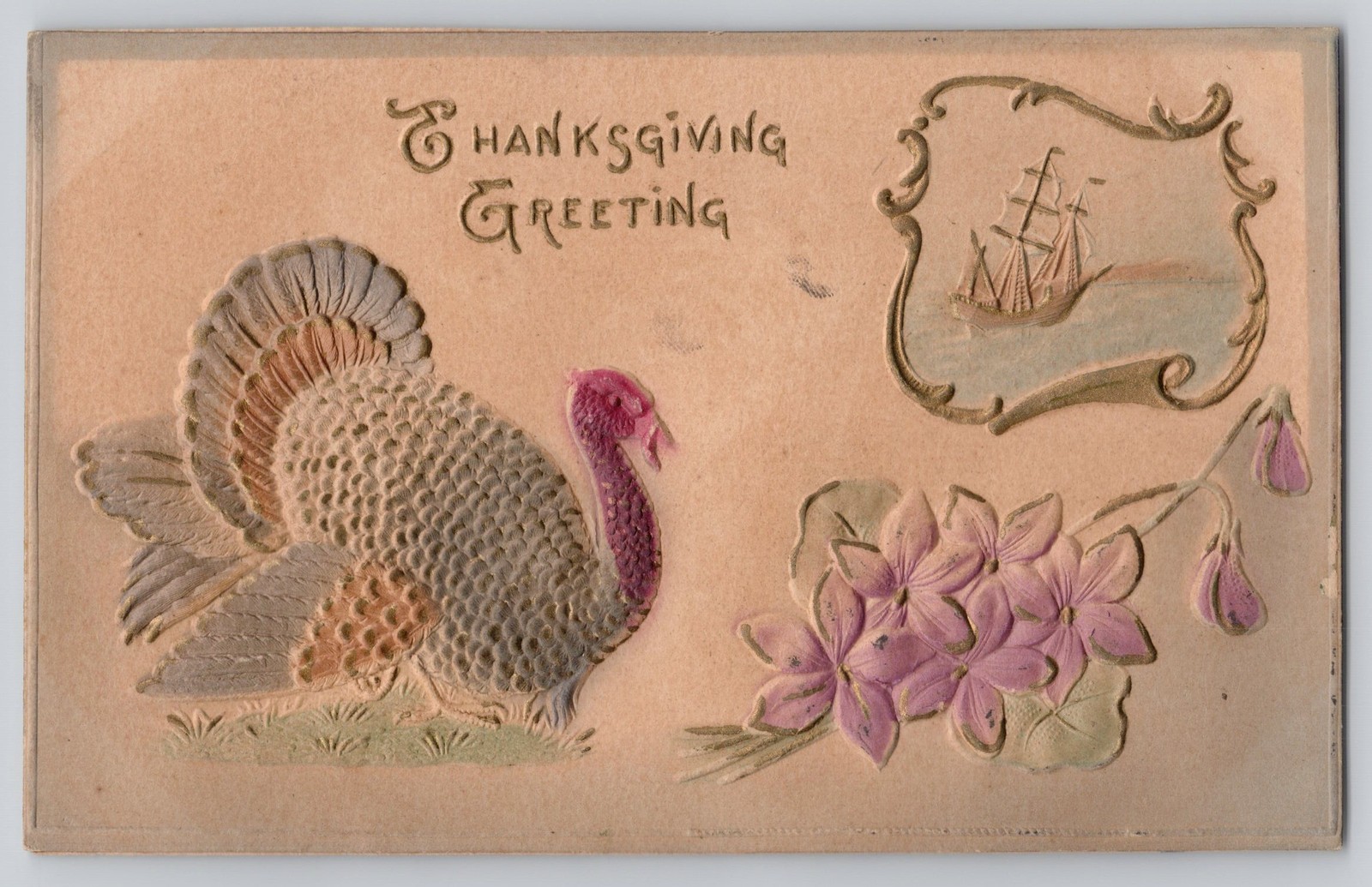 Thanksgiving Greeting Embossed Turkey Postcard c1910 - 1 cent Postage Due Stamp