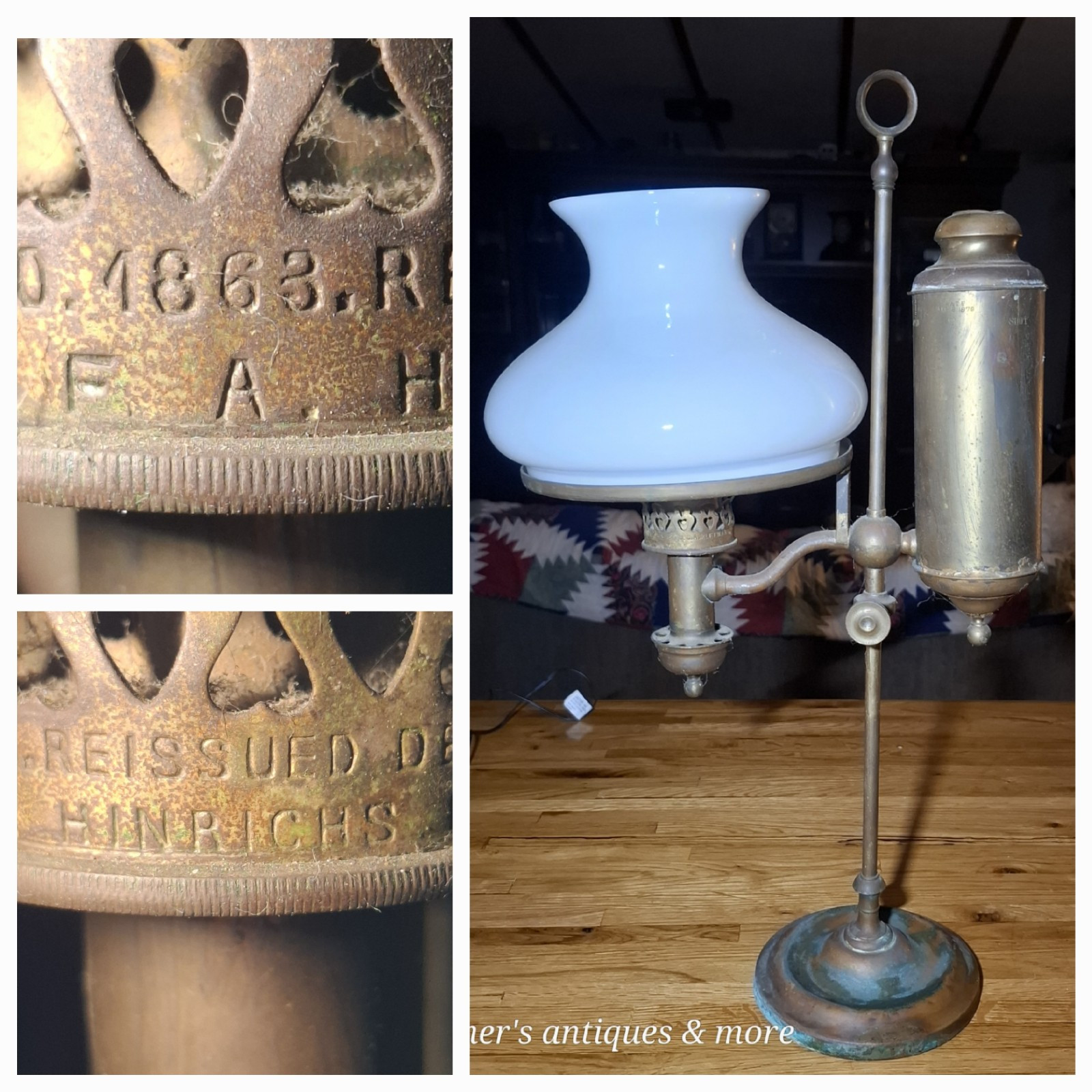 Rare Antique 1863 C.F.A. Hinrichs Kerosene Student Desktop Oil Lamp 1873 1879 