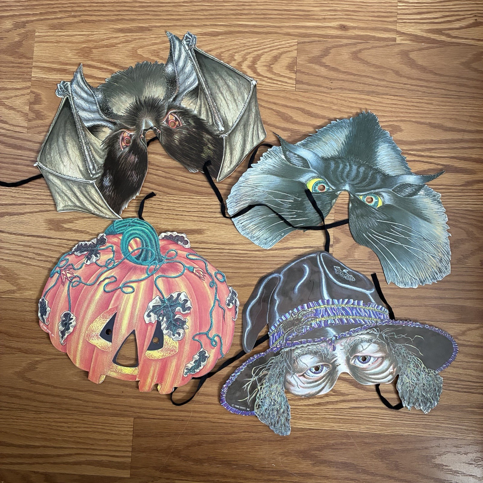 1985 Department 56 die-cut cardboard Halloween half-masks Bat Witch Cat Pumpkin