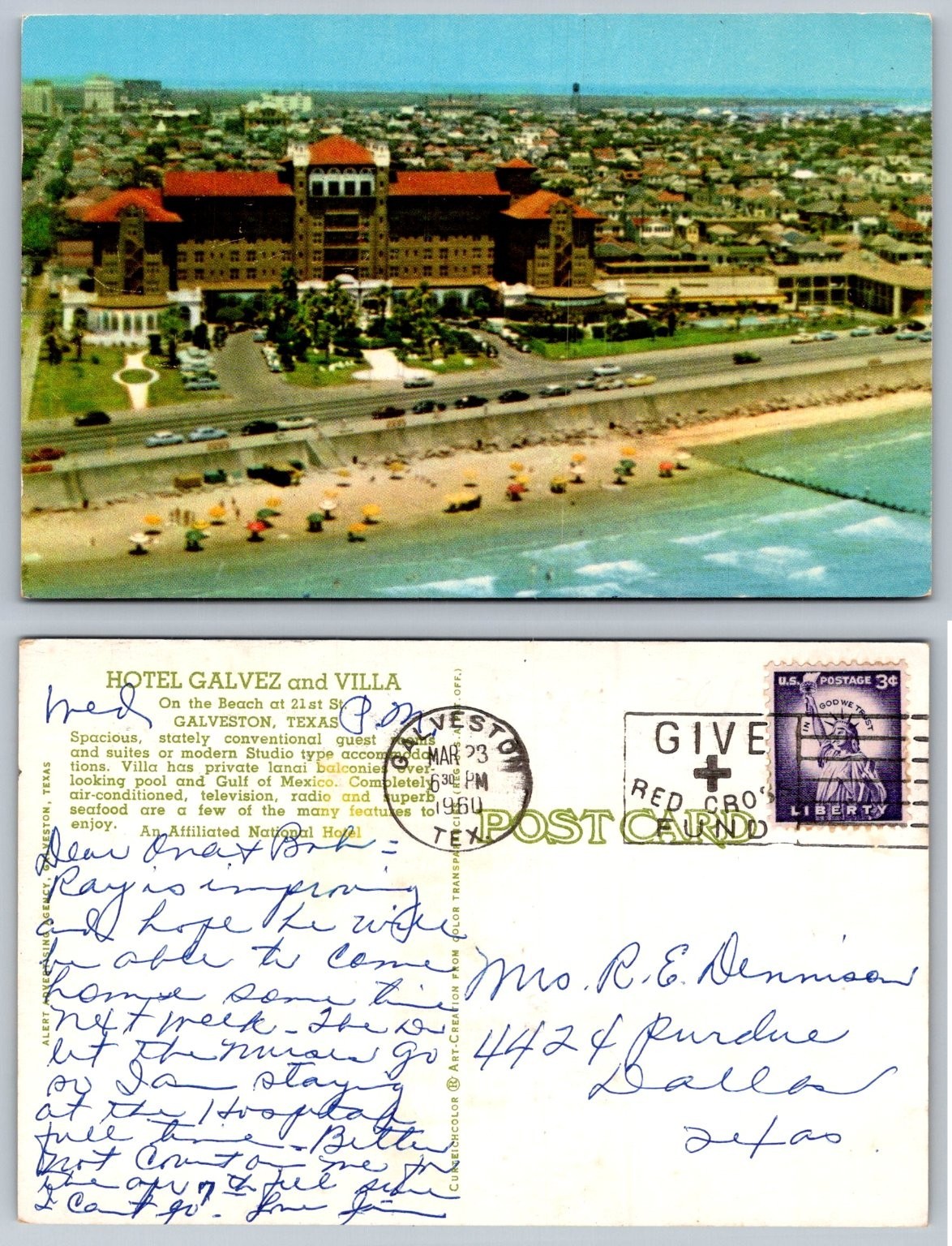 Hotel Galvez & Villa Galveston, Texas 1960 Chrome Postcard Beach View