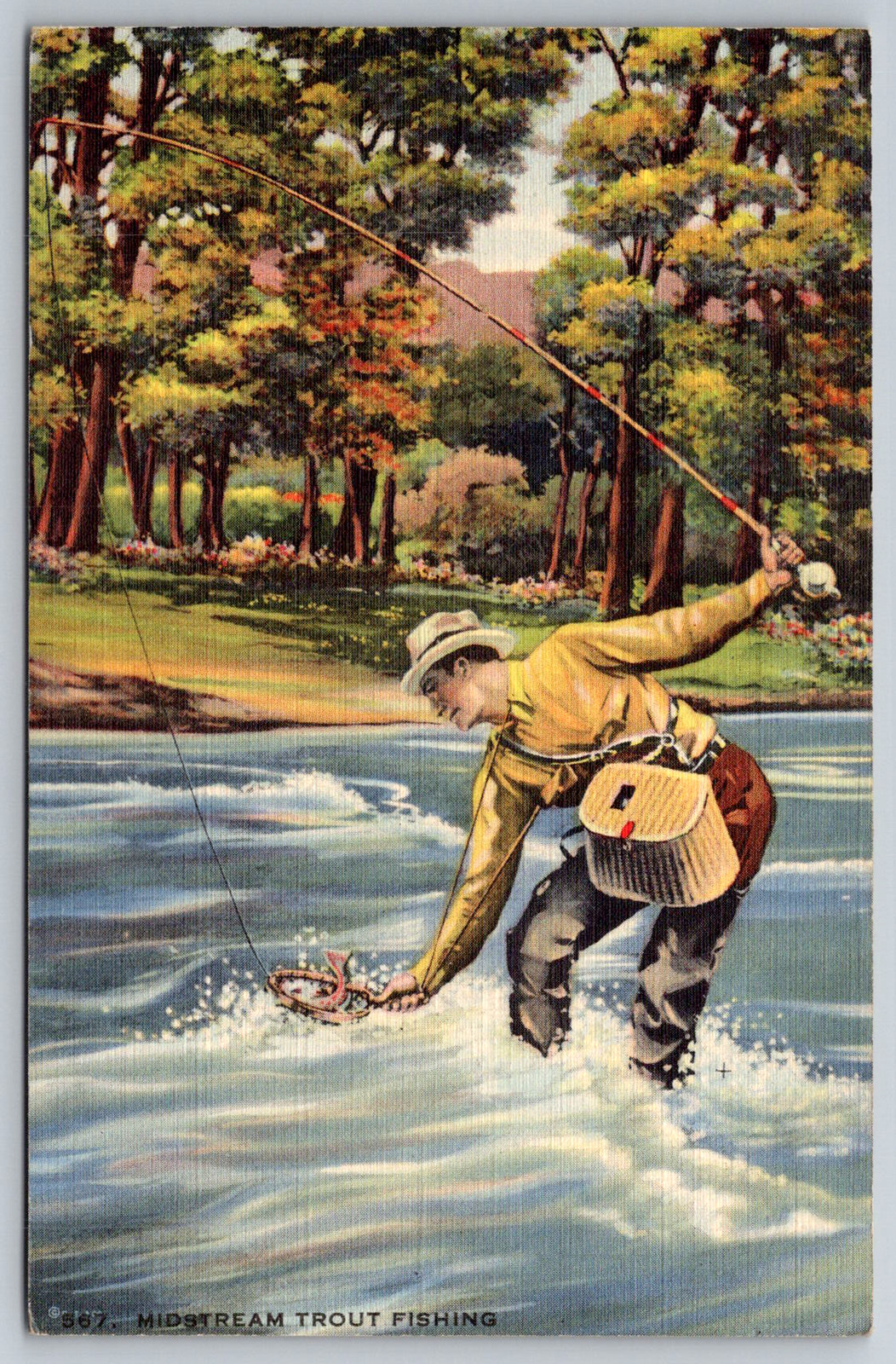 c1940s Salem OR Midstream Trout Fishing Art Scene Postcard