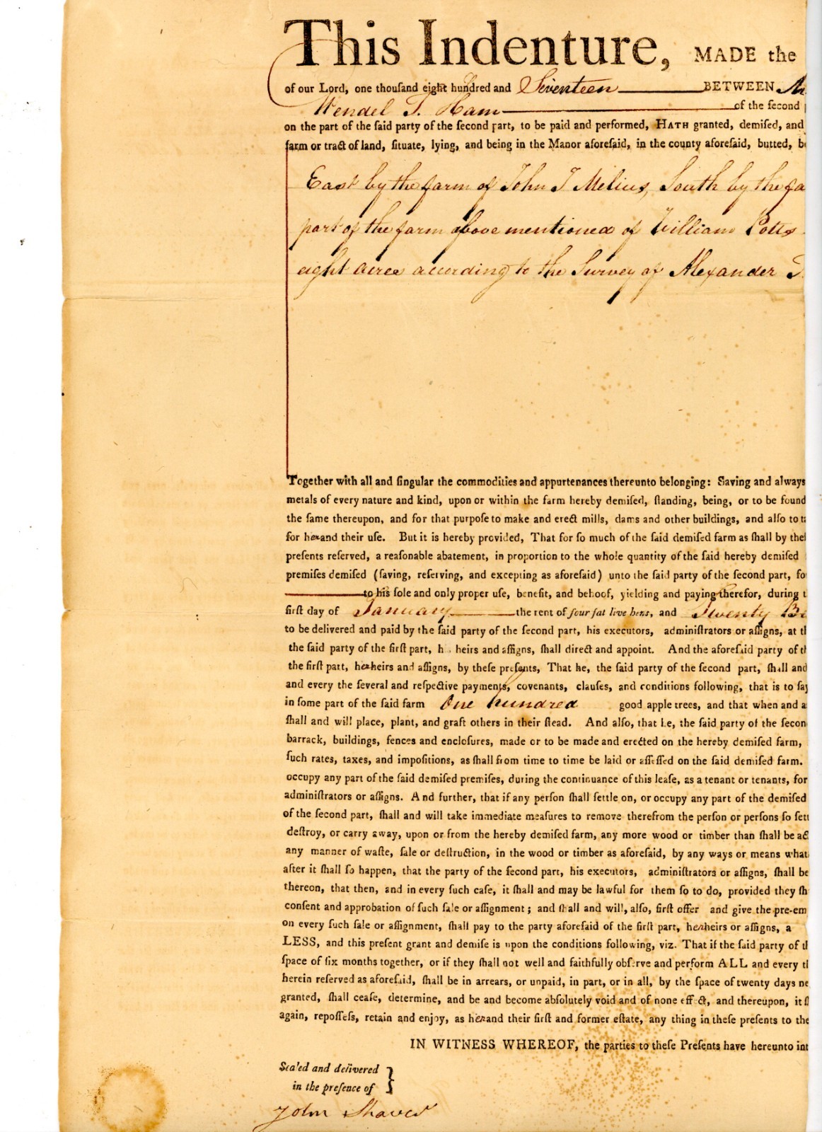 1817 Indenture Lease Wendell T. Ham & Mary Livingston, Columbia County, NY Farm
