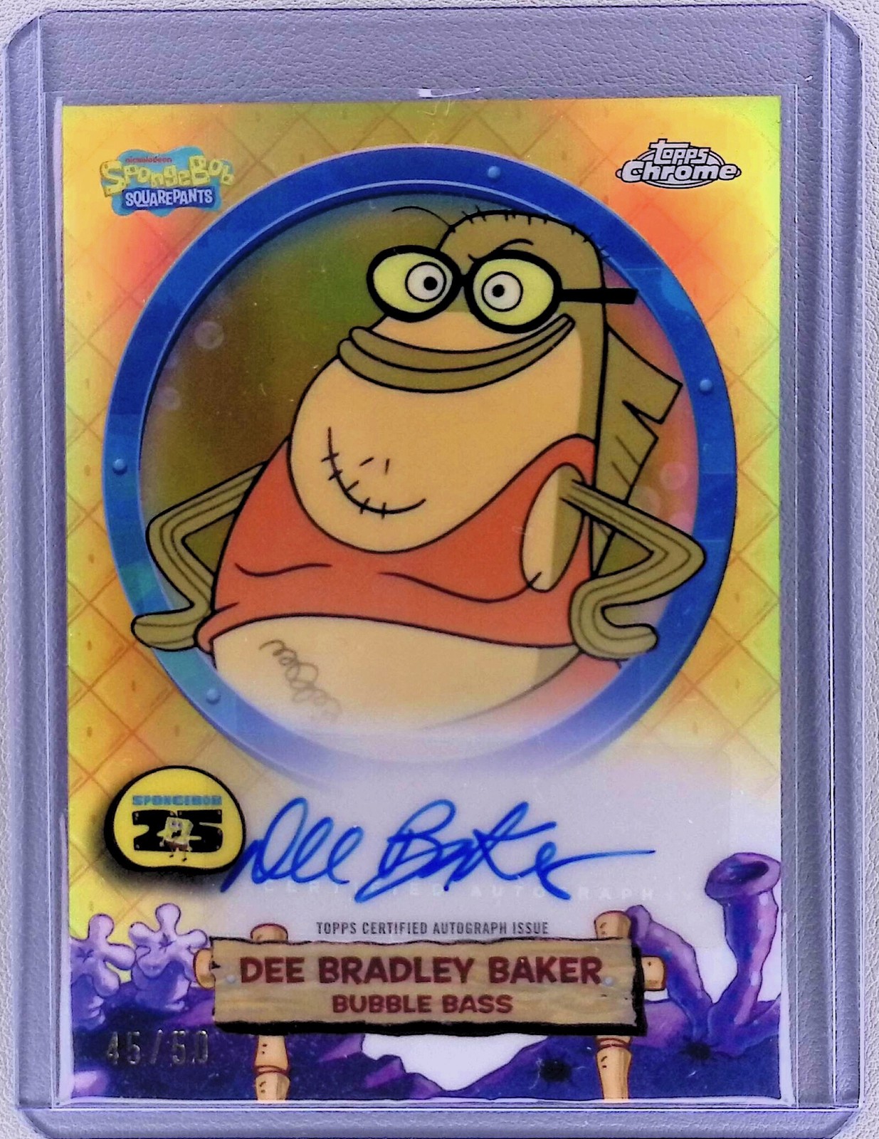 2025 Topps Chrome SpongeBob Bubble Bass Dee Bradley Baker Gold Auto /50 #SA-BB