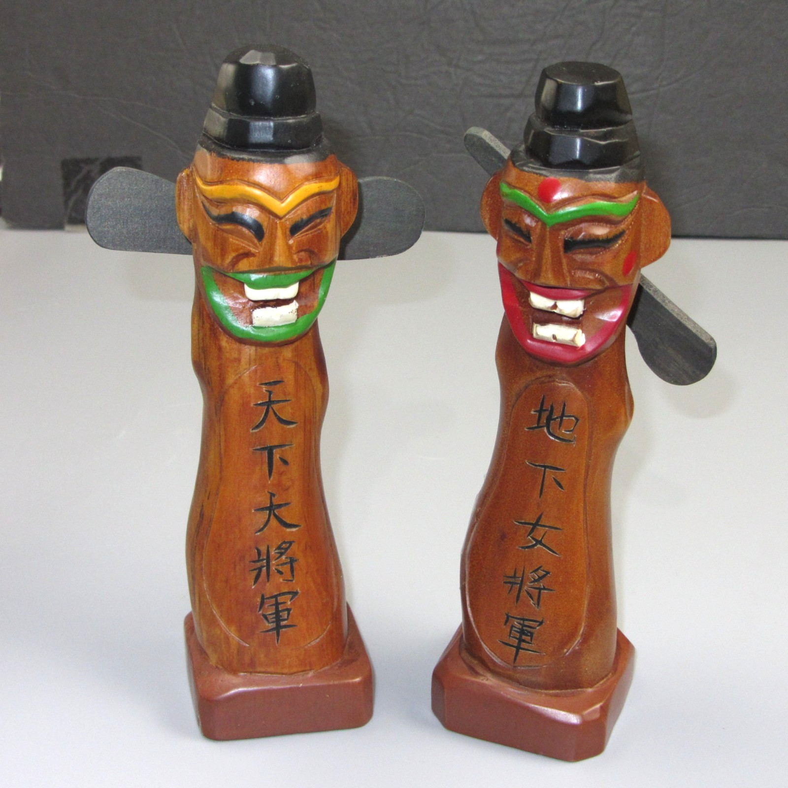 2 Good Fortune Korean Wood Jangseung Village Guardian Totem Poles 8.5\