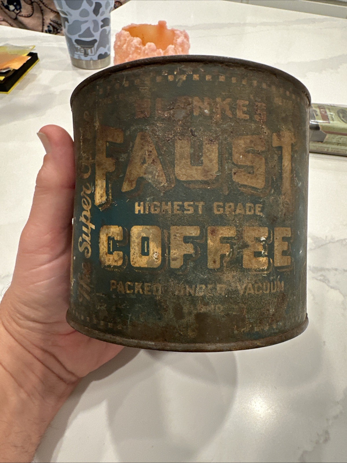 Vintage Early Blanke's Faust Super Coffee 1 lb Tin w/ Lid Devil St Louis MO