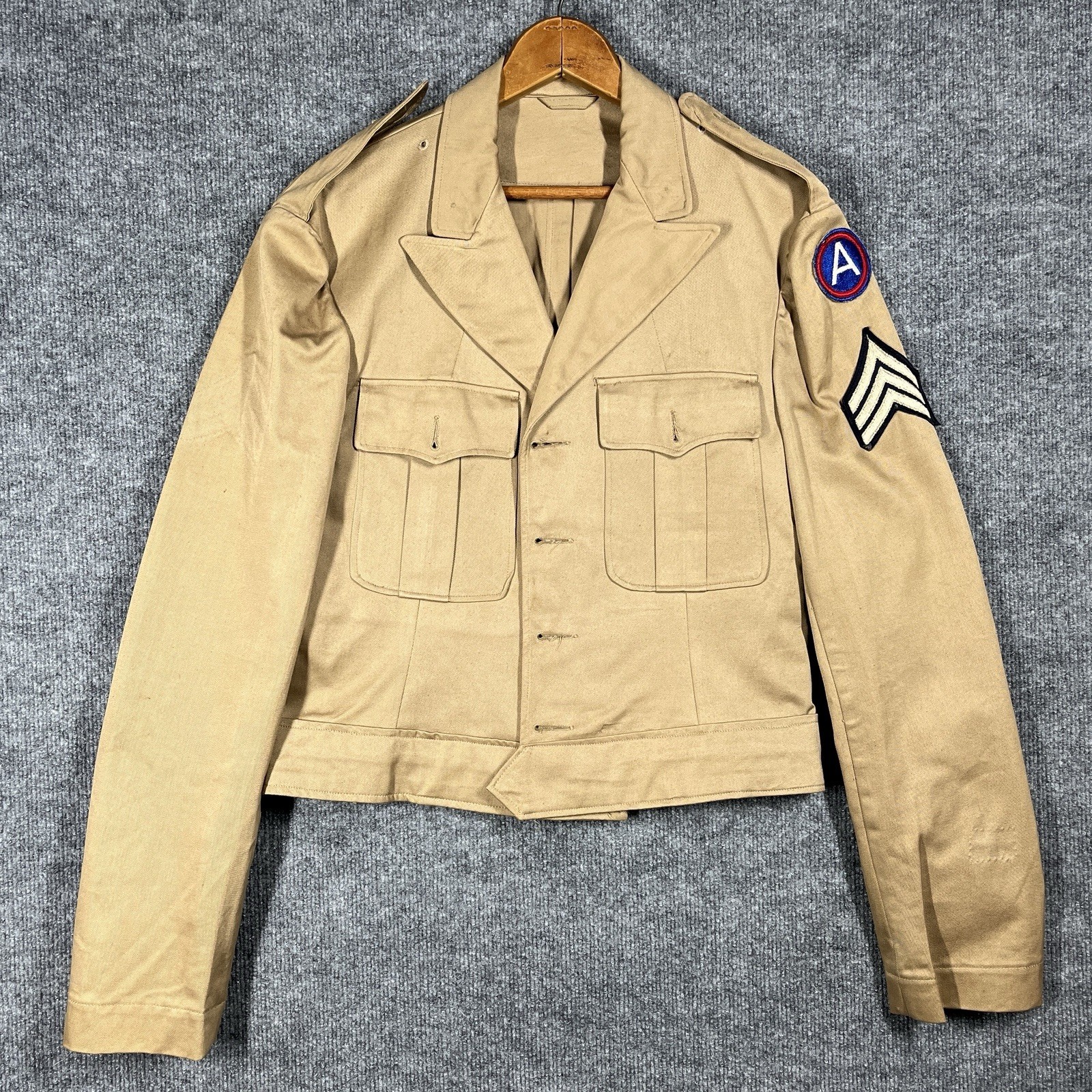 VINTAGE 40s WWII US Army 3rd Army Cotton Khaki Ike Jacket Cropped Twill Summer