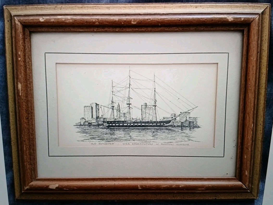 Old Ironsides U.S.S.Constitution In Boston Harbor  Print  Vintage