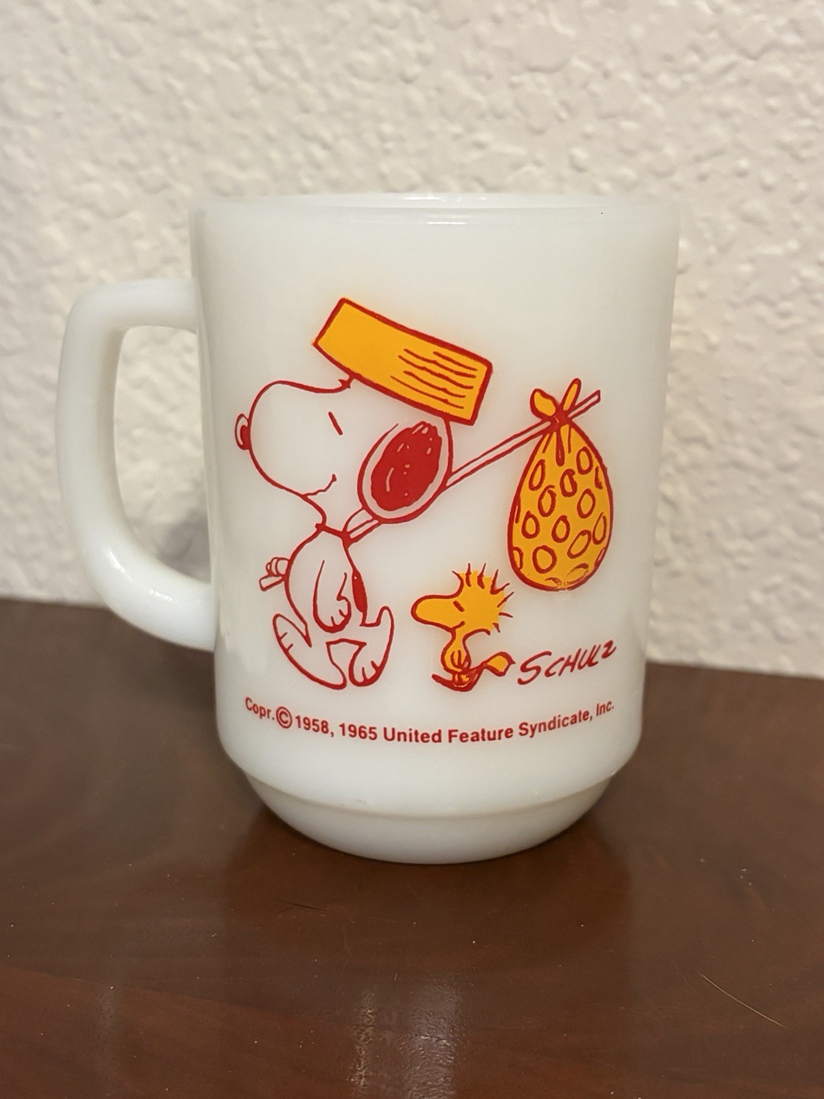 Vintage 1965 Peanuts Snoopy Come Home Fire King Anchor Hocking Milk Mug Glass