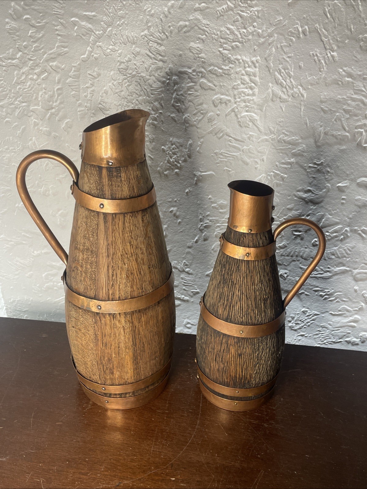 Spanish Wood and Copper Pitcher Vintage Spain  Lot of 2 Brass Handles