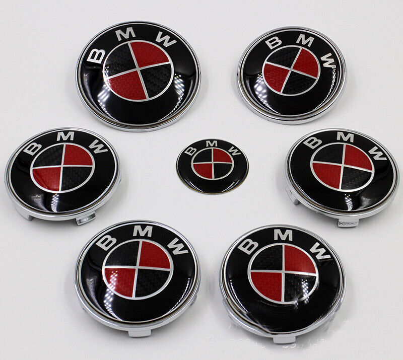 7X For B-M-W Black And Red HubCaps Steering Wheel Emblem Badge Set 82+82mm 68mm
