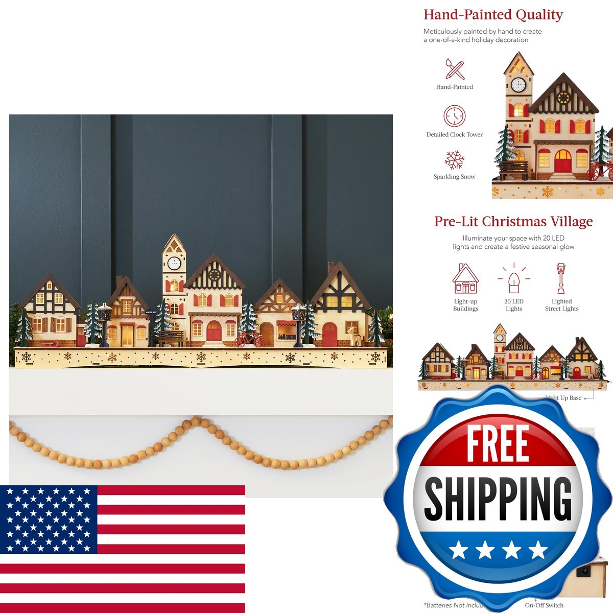 Best Choice Products Pre-Lit Wooden Christmas Village, Winter Mantel Decor