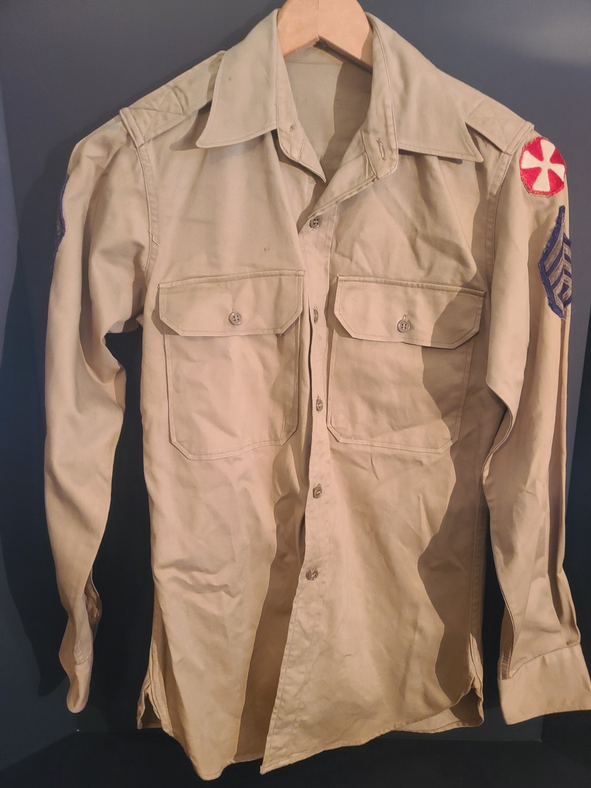 Vintage 1940s US Army World War II Era Military Khaki Uniform Shirt Size 14.x 33
