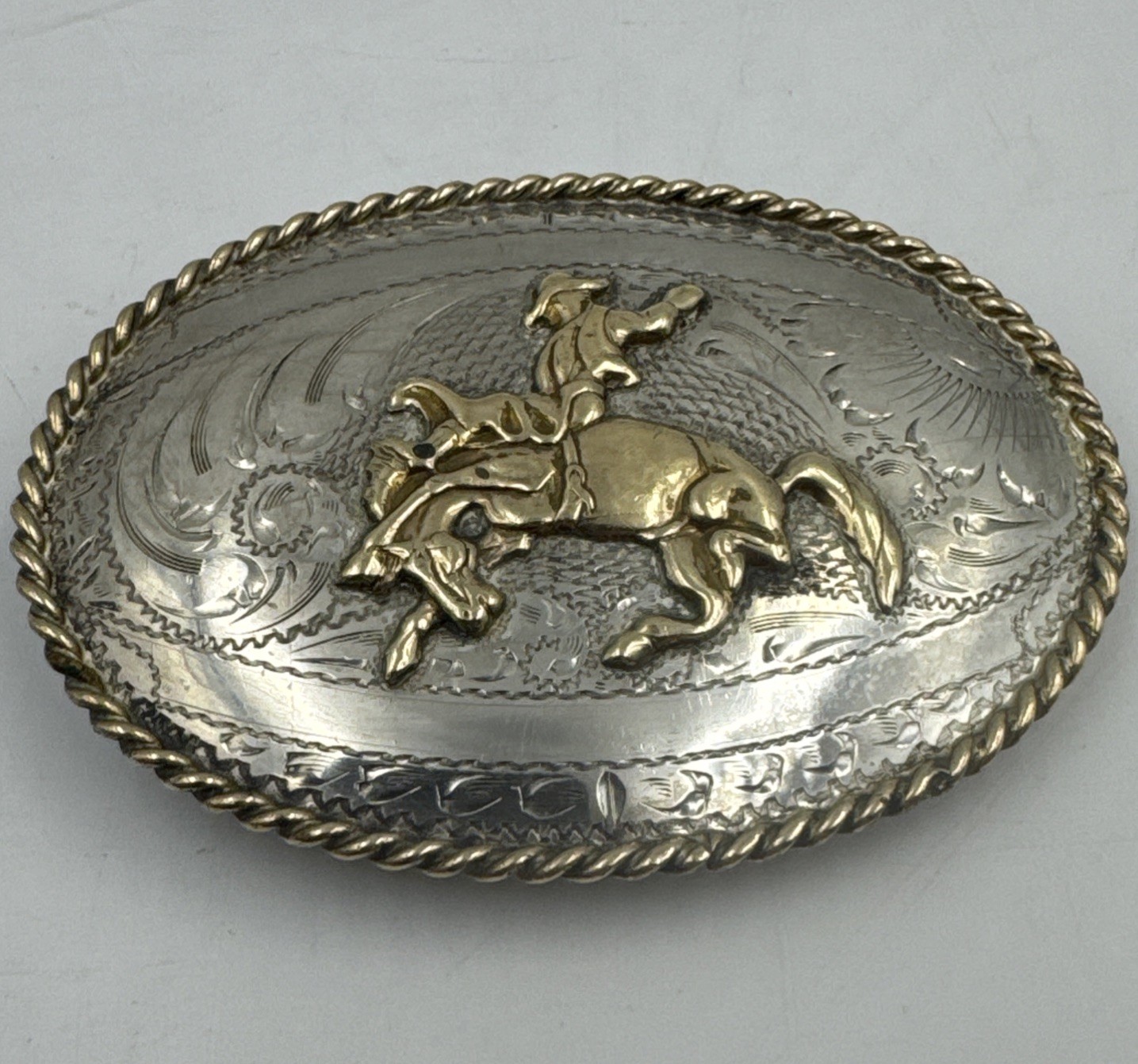 Vintage Tex Tan Bucking Bronco Sterling Silver Western Belt Buckle Yoakum Texas
