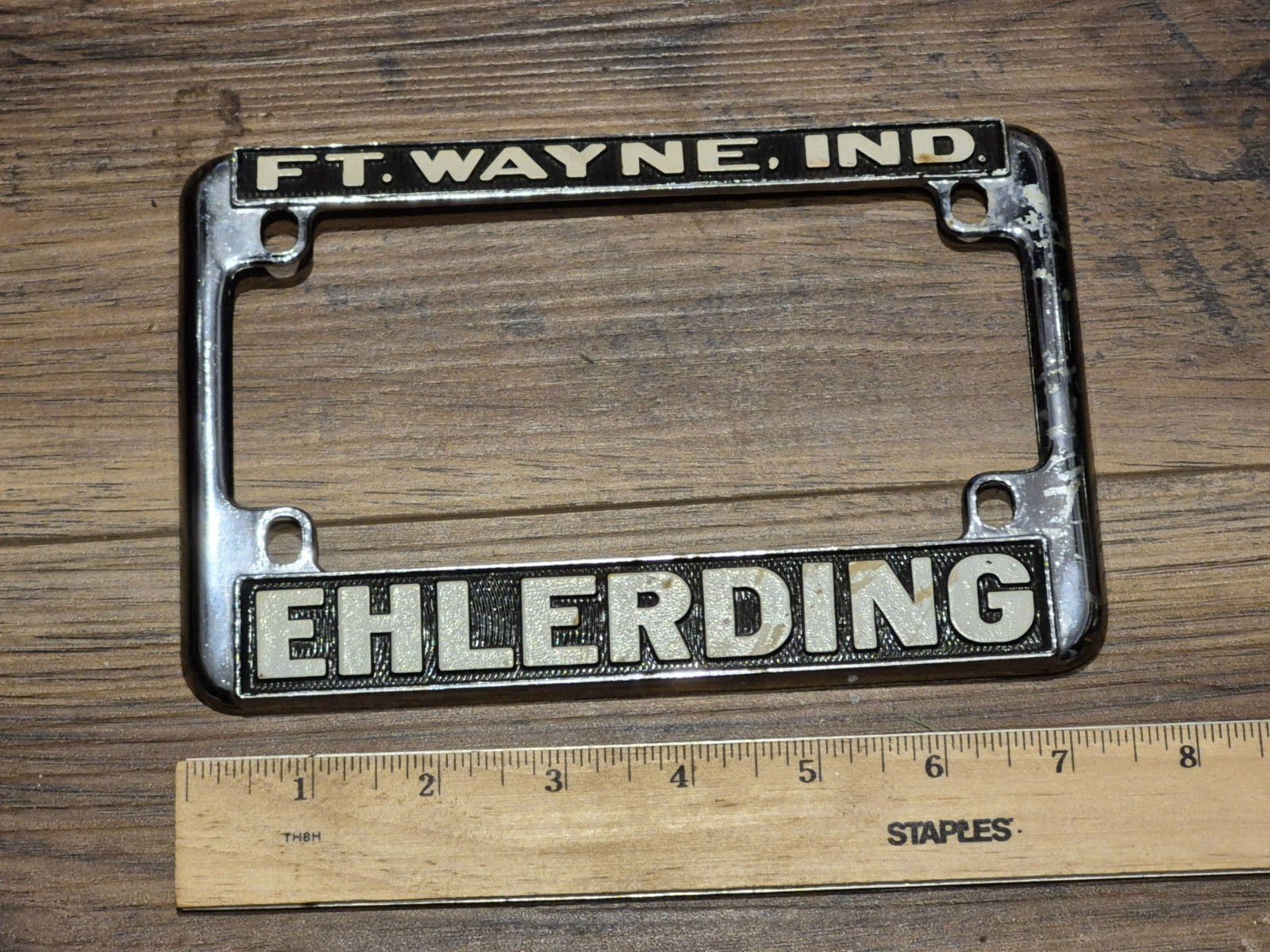 VINTAGE EHLERDING FT. WAYNE INDIANA MOTOCYCLE LICENSE PLATE FRAME METAL