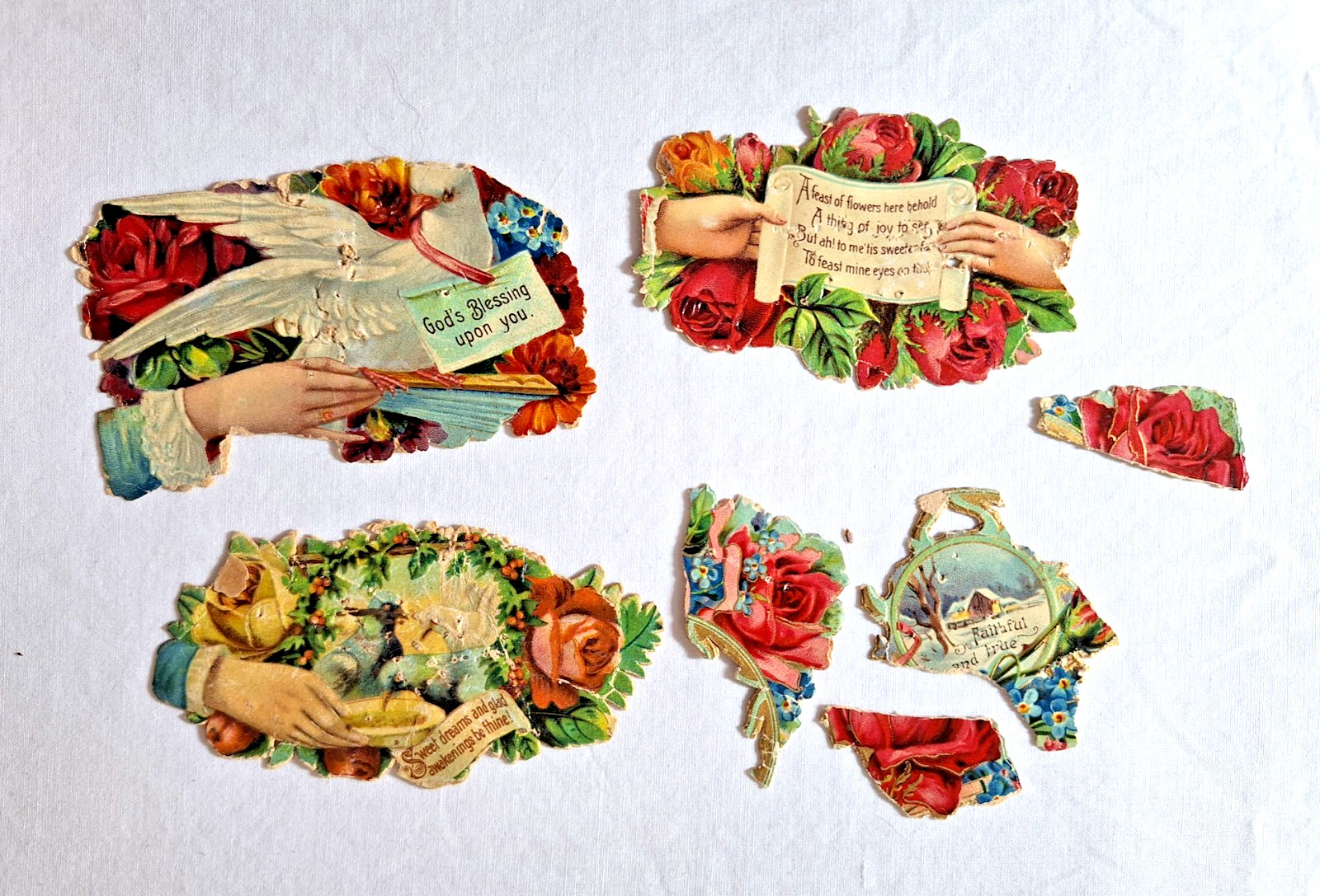 3 Antique Victorian CALLING CARDS Highly detailed Brightly colored circa 1908