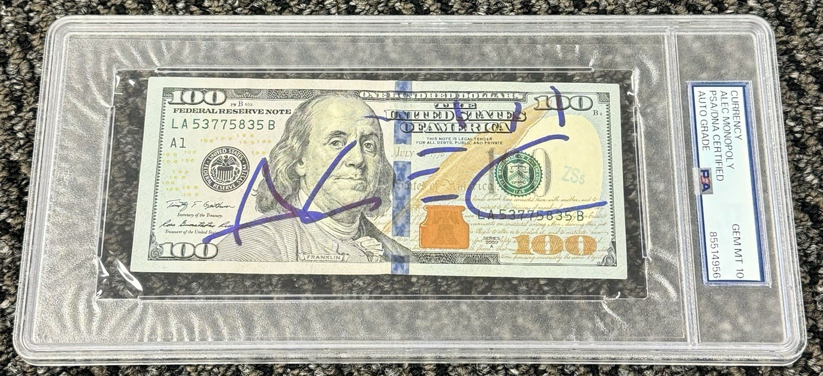 Alec Monopoly Signed Autograph $100 Bill Currency PSA/DNA Encapsulated 10 Auto