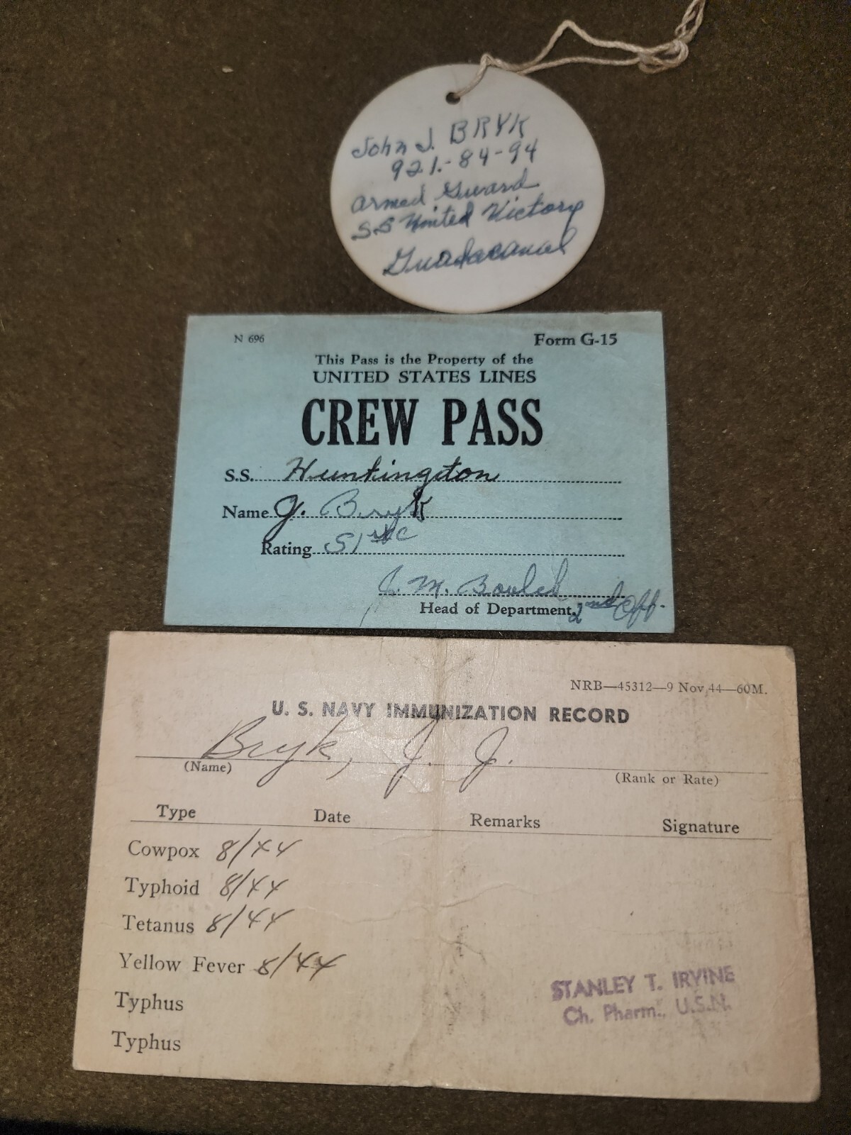 WWII Small Paper Grouping Named to John J. Bryk.