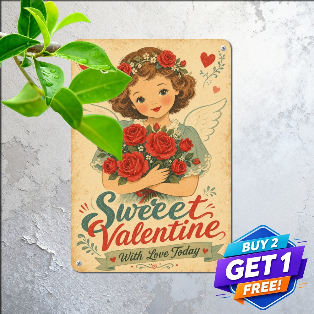 Pink Winged Heart Valentines Day Sign Sweet Romantic Living Metal Tin Plaque