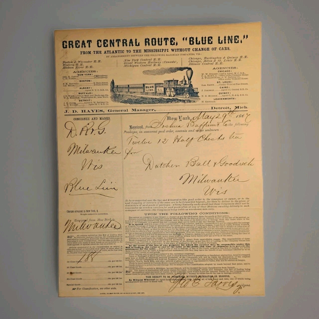 1867 Great Central Route Blue Line Railroad Bill Lading Tea Milwaukee Locomotive