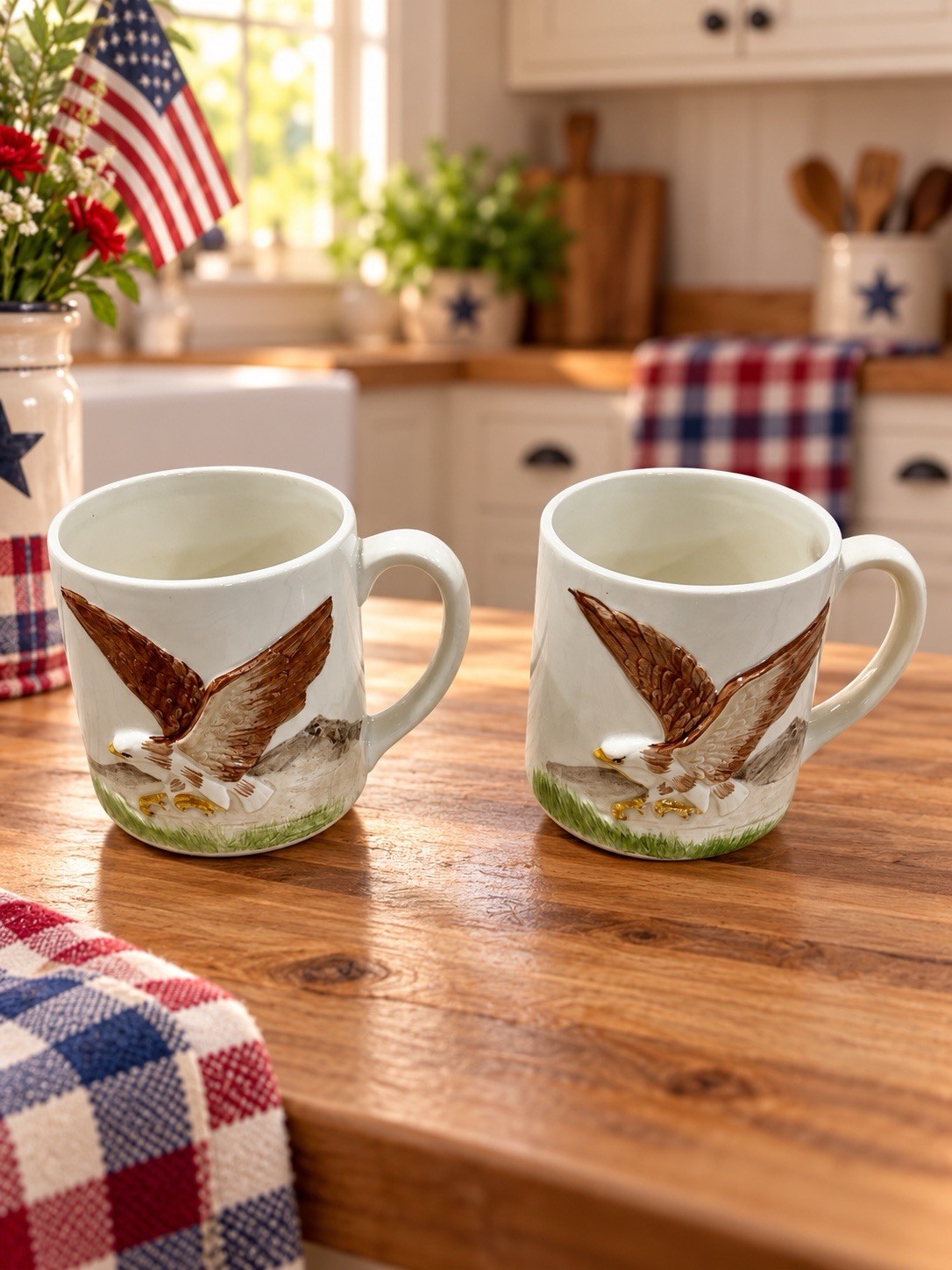 Vintage Bald Eagle Ceramic Coffee Mugs Pair 3D Raised Relief Wildlife