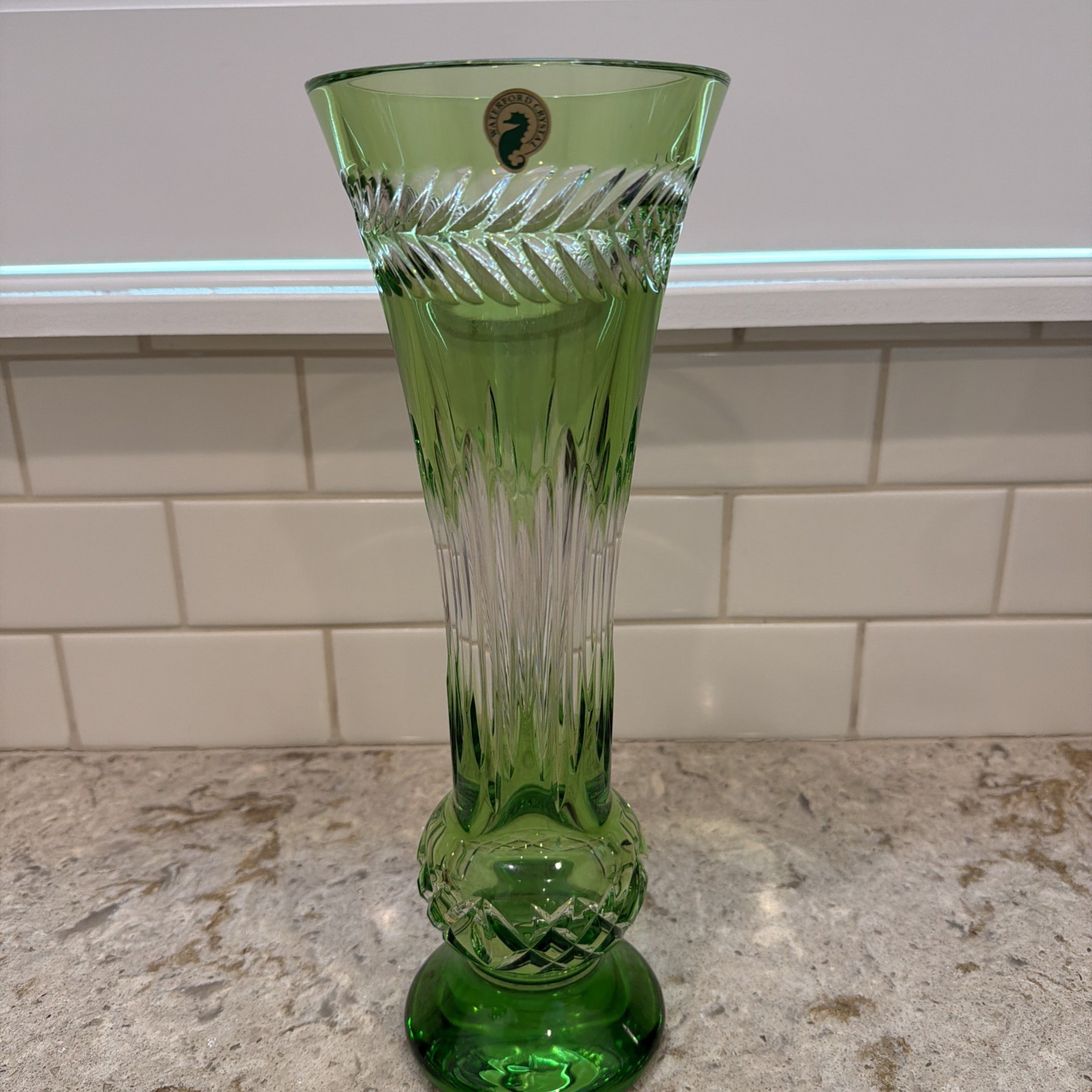 Stunning Waterford Crystal Fleurology Green Vase with Original Seahorse Label