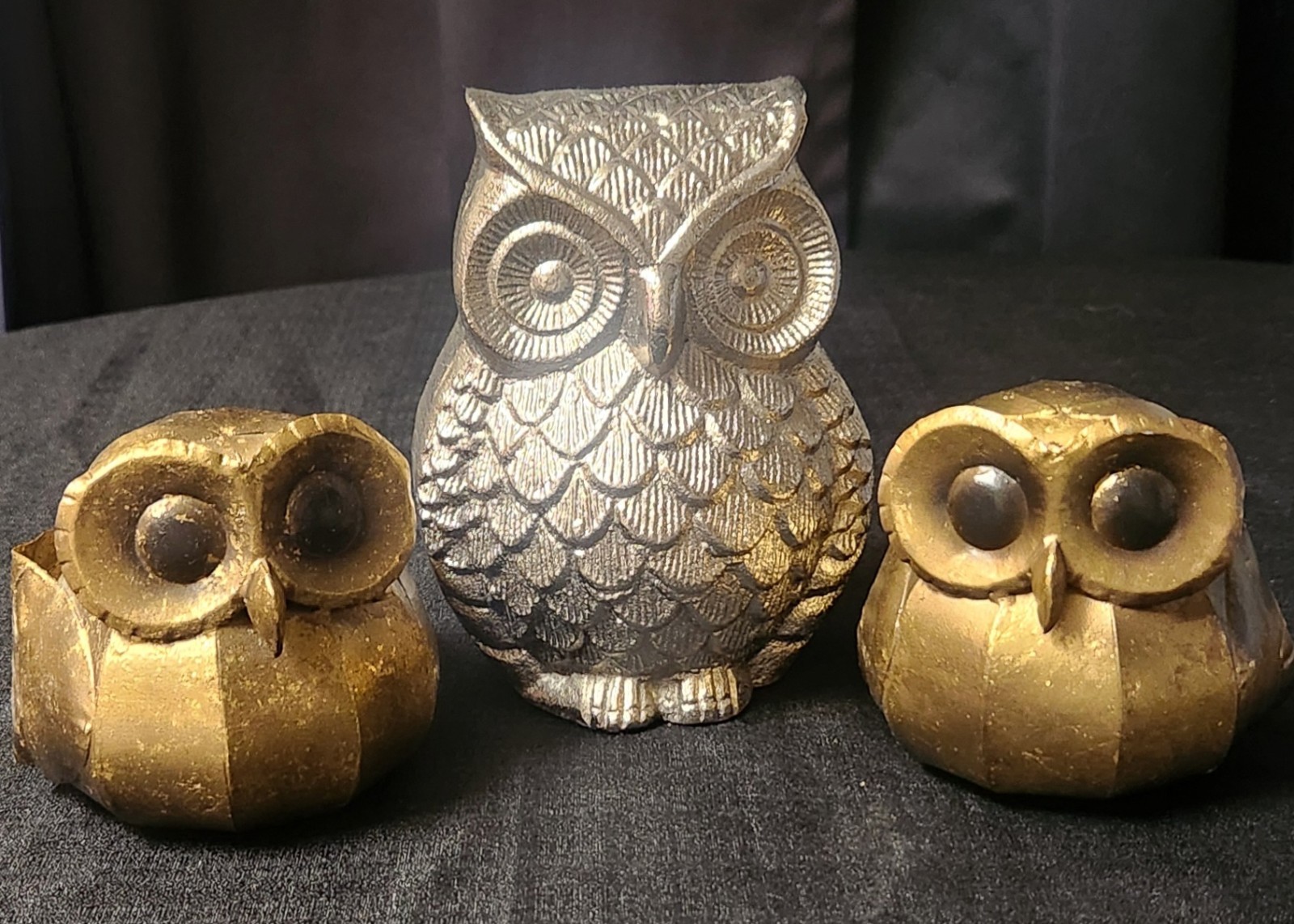 Vintage Mid Century Set of Owls - Two Brass - One Metal Alloy