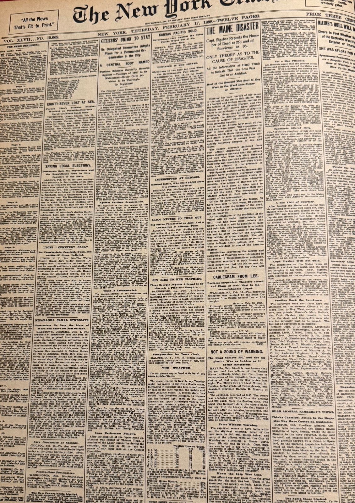 Vintage Sinking of the Maine February 17, 1898 NEW YORK TIMES News Article