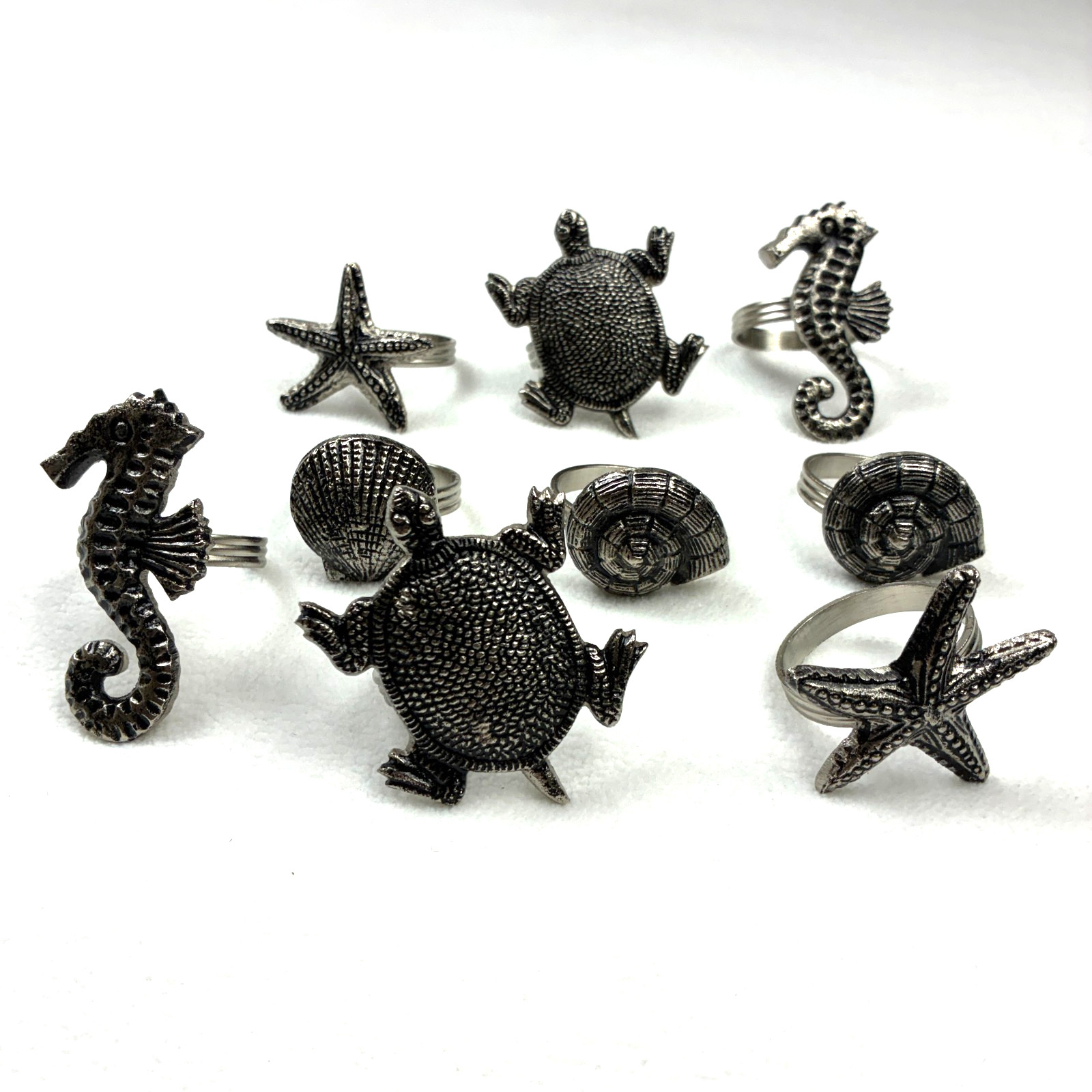 Set of 9 VTG Silver Tone Napkin Rings Holders Nautical Theme Sea Horse Turtles