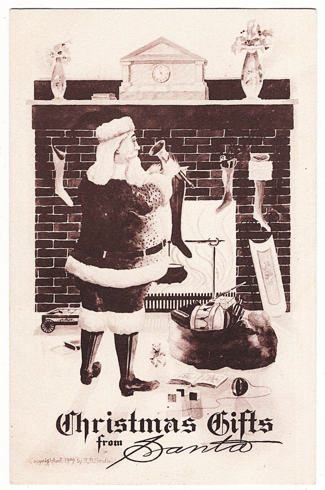Santa Claus Fireplace Mantel Filling Stockings 1909 antique Scofield Christmas