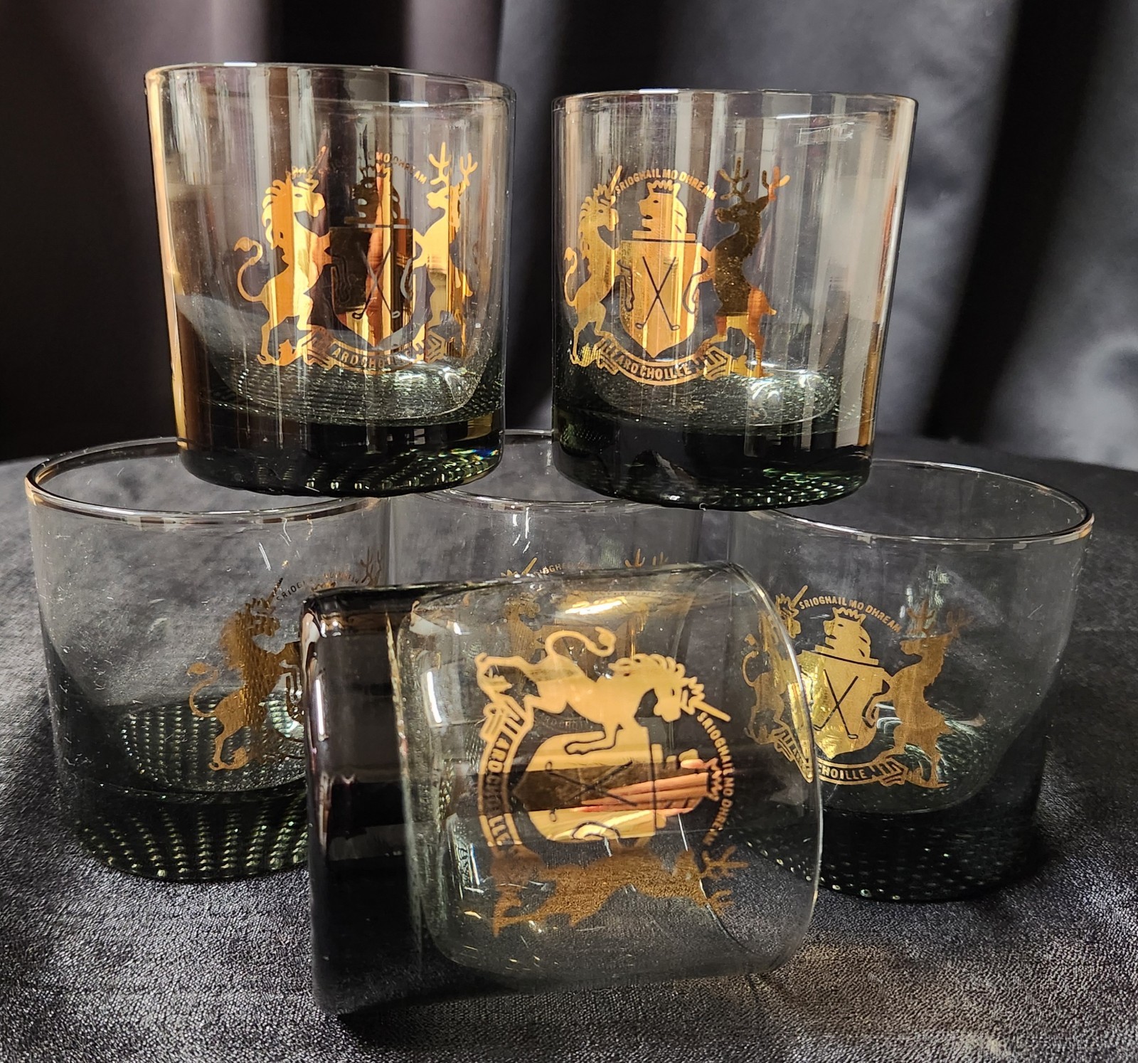 Vintage Clan MacGregor Whiskey Glasses - Gray Tint & Waffle-Patterned Bottom