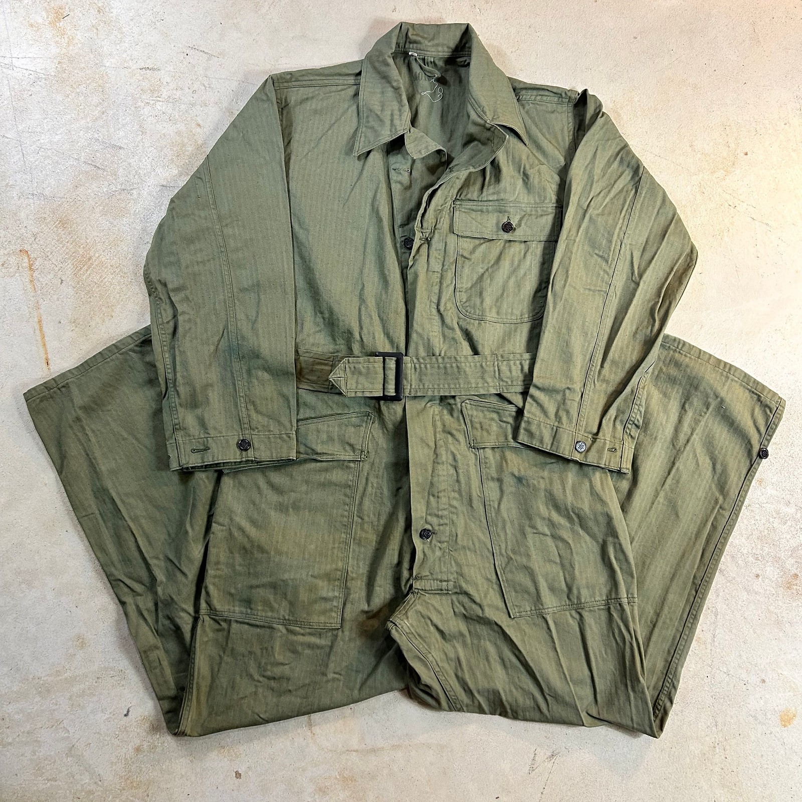 Vintage WWII Herringbone Twill Coveralls 13 Star Buttons Belted Military XL