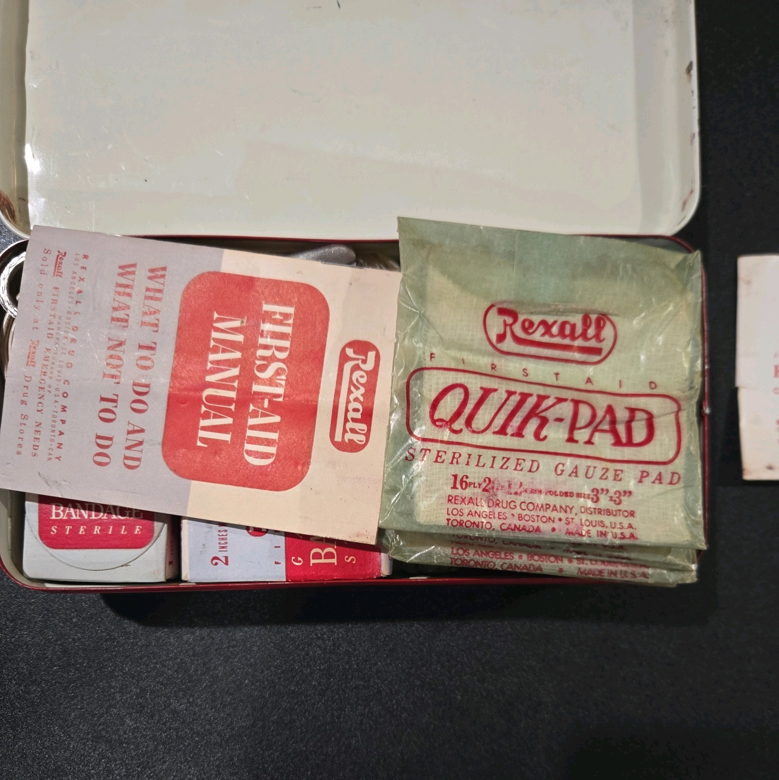 Vintage 1950s Rexall 504 First Aid Kit with Some Sealed Unopened Supplies RARE