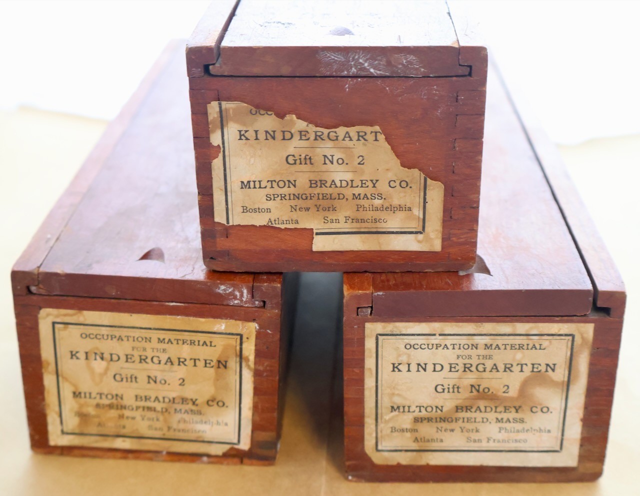(3) Milton Bradley Co. Kindergarten Wood Occupation Material Boxes / Gift No. 2 
