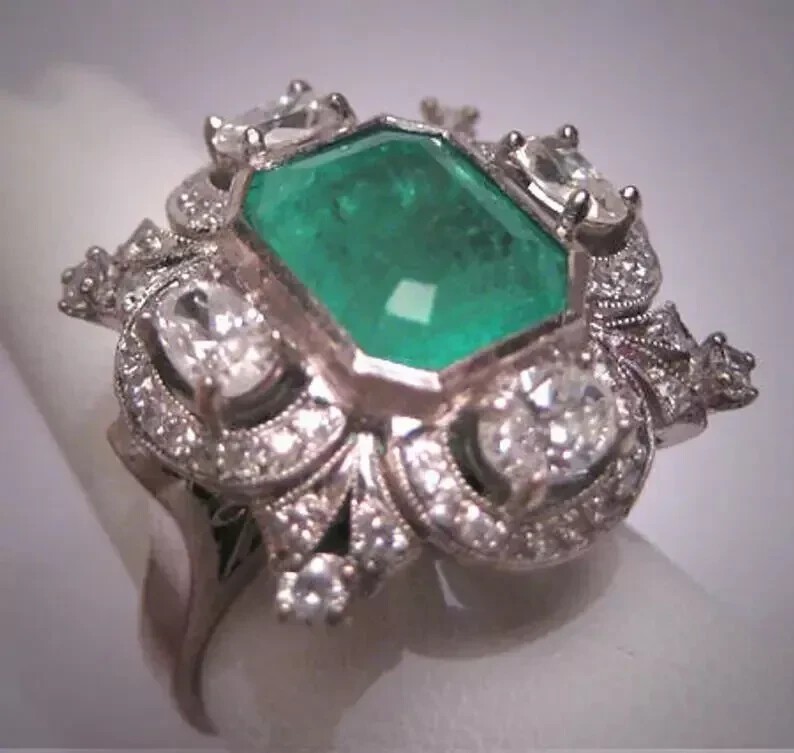 3Ct Vintage Style Art Deco Five Stone Cocktail Ring 14K White Gold Plated