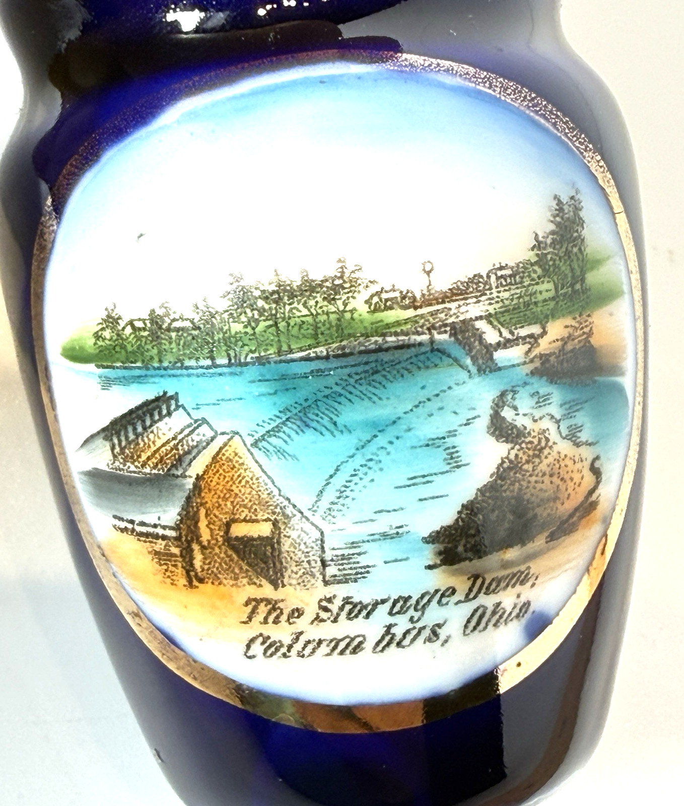 COLUMBUS, OHIO OH - STORAGE DAMS - Antique Souvenir China Cobalt Painted Cup