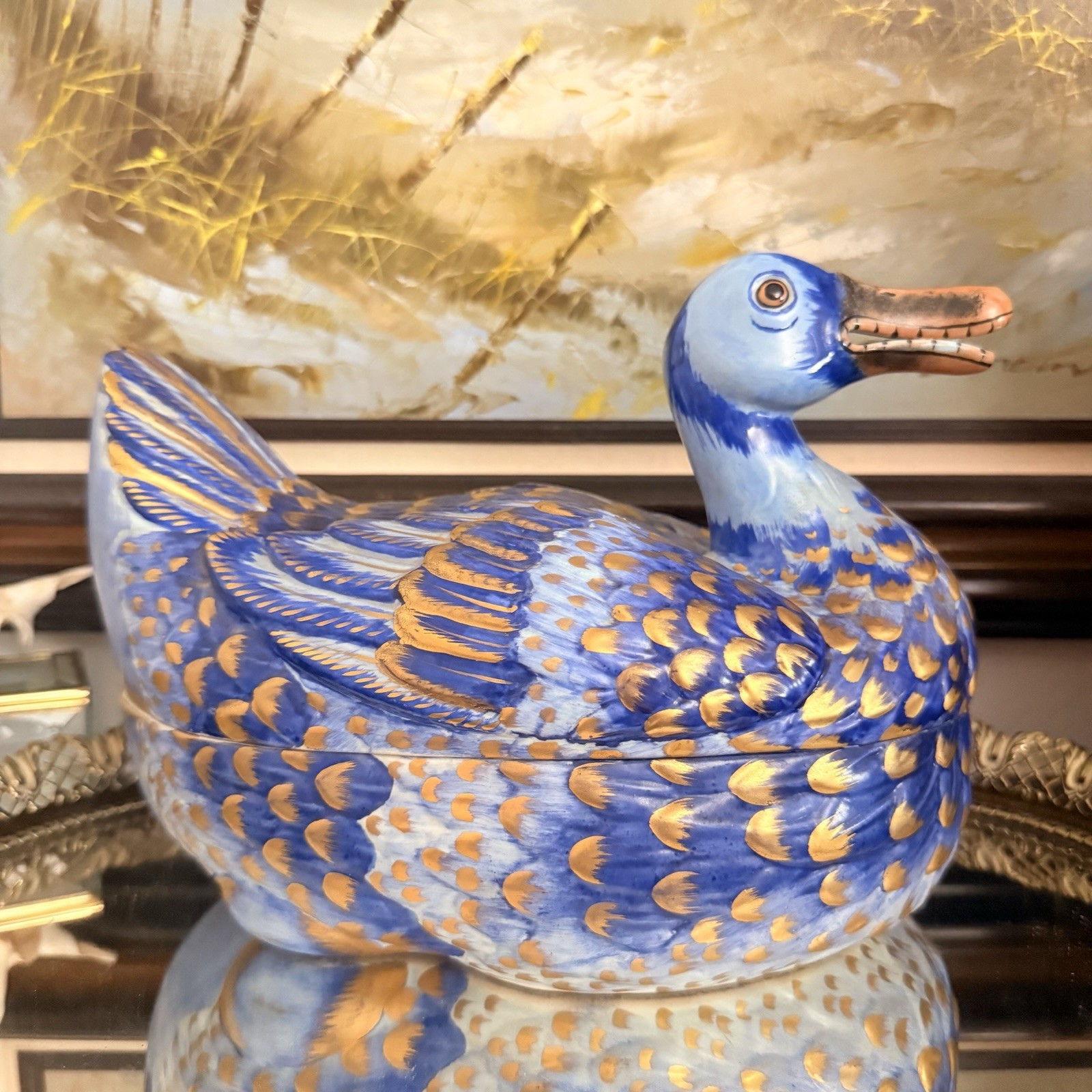 Vintage Italian Hand Painted Blue Duck Tureen with Lid by Meiselman Imports